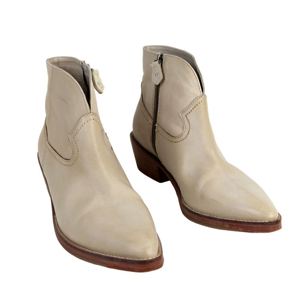 VINTAGE Foundry BEIGE REAL LEATHER MID HEEL POINTED ZIP SIDE ANKLE BOOTS Size 9
